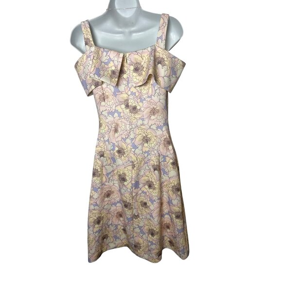 Belle Badgley Mischka Nori Off Shoulder Floral Scuba Dress, Lilac Multi, Size 0 - Picture 5 of 10